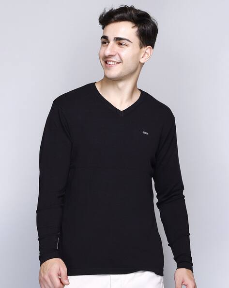 Men V-Neck Pullover with Logo Print
