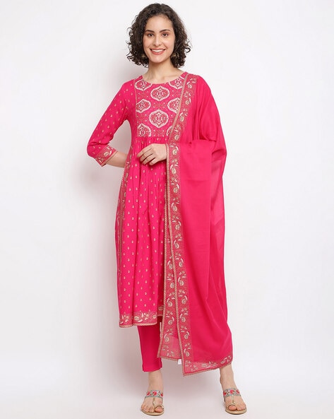 Women Floral Print A-Line Kurta Set with Dupatta Price in India