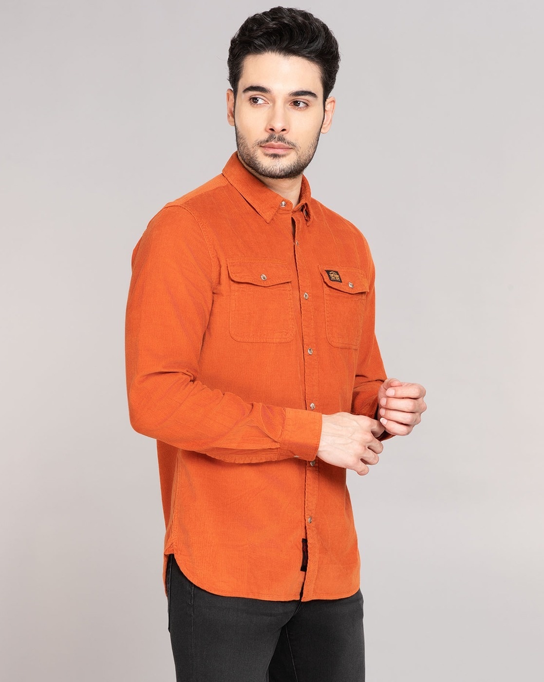 Buy Orange Linen Blend Full Sleeves Shirt for Men