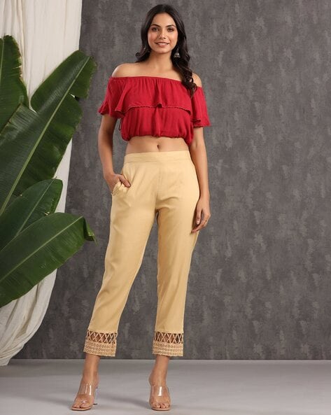 Women Straight Pants with Lace-Inserts Price in India