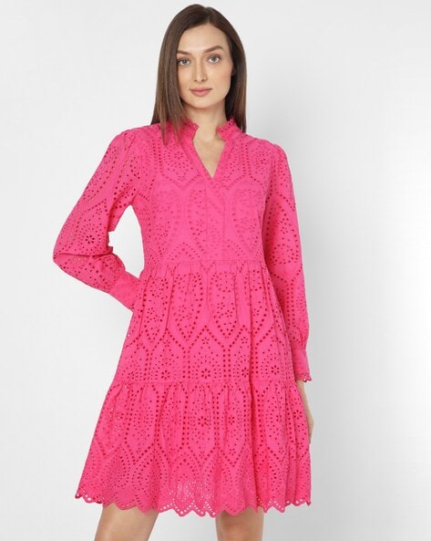 Women Schiffli Fit & Flare Dress with Cuffed Sleeves