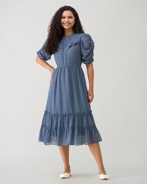 Women Fit & Flare Dress with Puff Sleeves