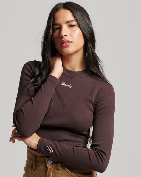 SUPERDRY Rib Embroidered Long-Sleeve Fitted Top