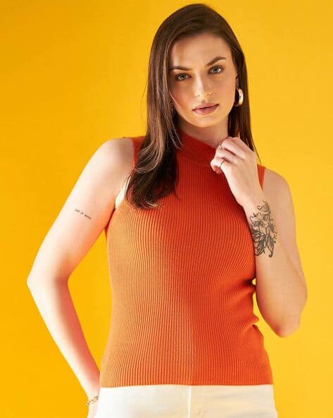 Women Sleeveless High-Neck Sweater