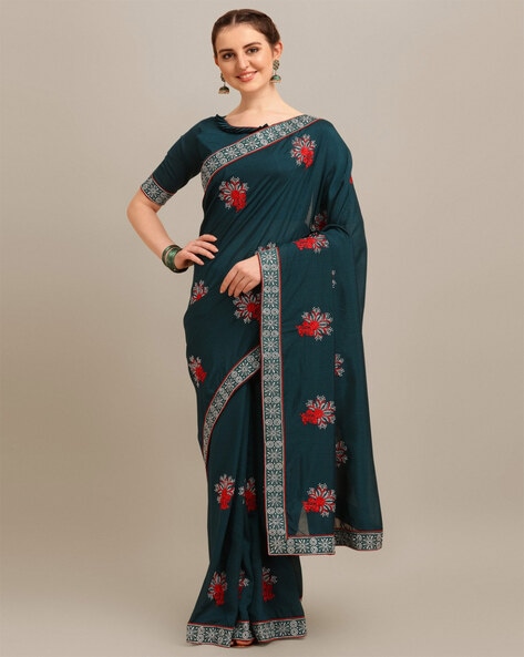 Buy Teal Sarees for Women by Indie Picks Online