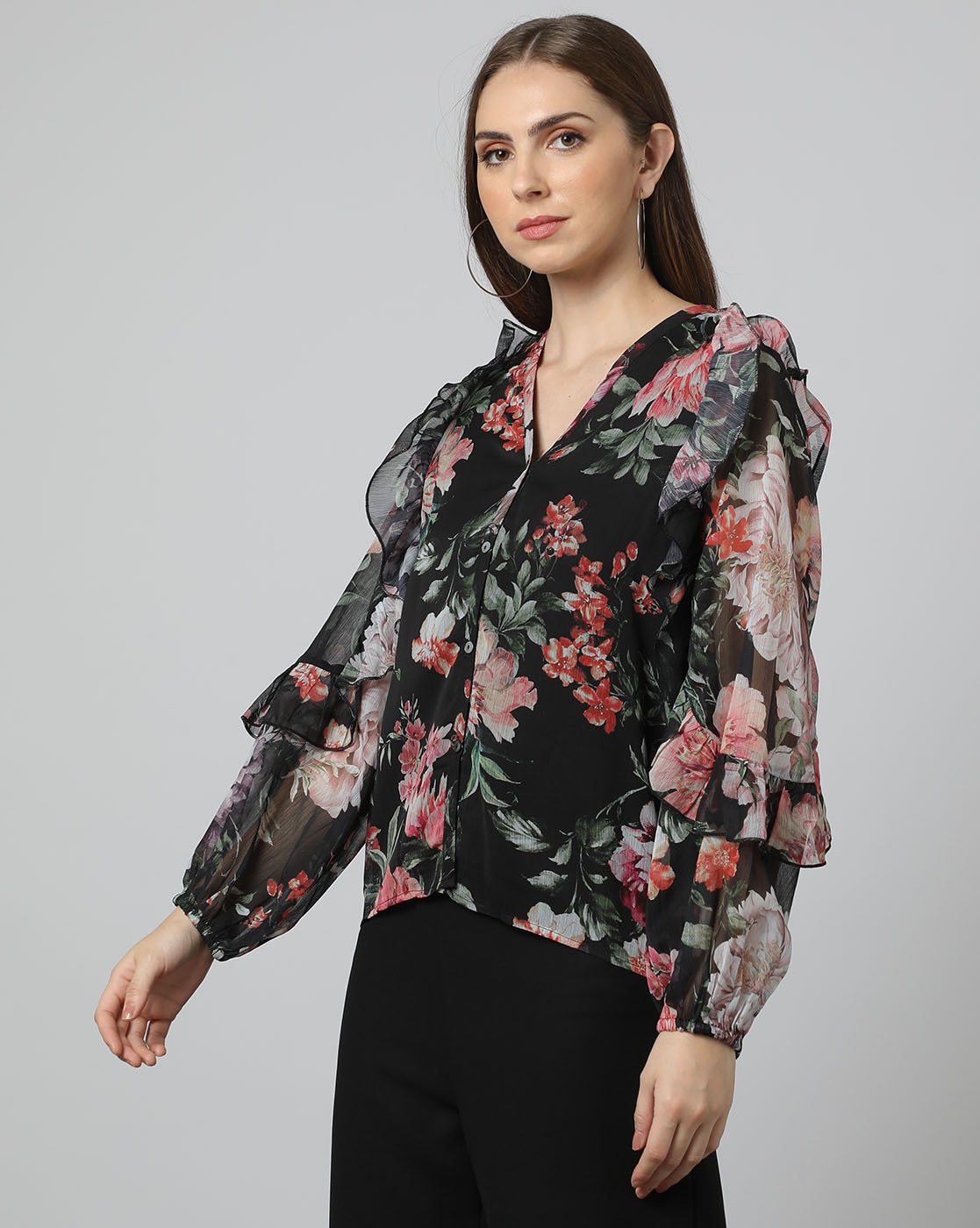 Buy Hitarth Fashion Women's Chiffon Floral Ruffle Sleeve Blouse  (SFB103_BK_FREE_Black_Free Size) Online at Best Prices in India - JioMart.