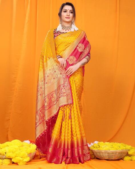 BEADzz Yellow and Pink Saree - Whatsapp +919654638120