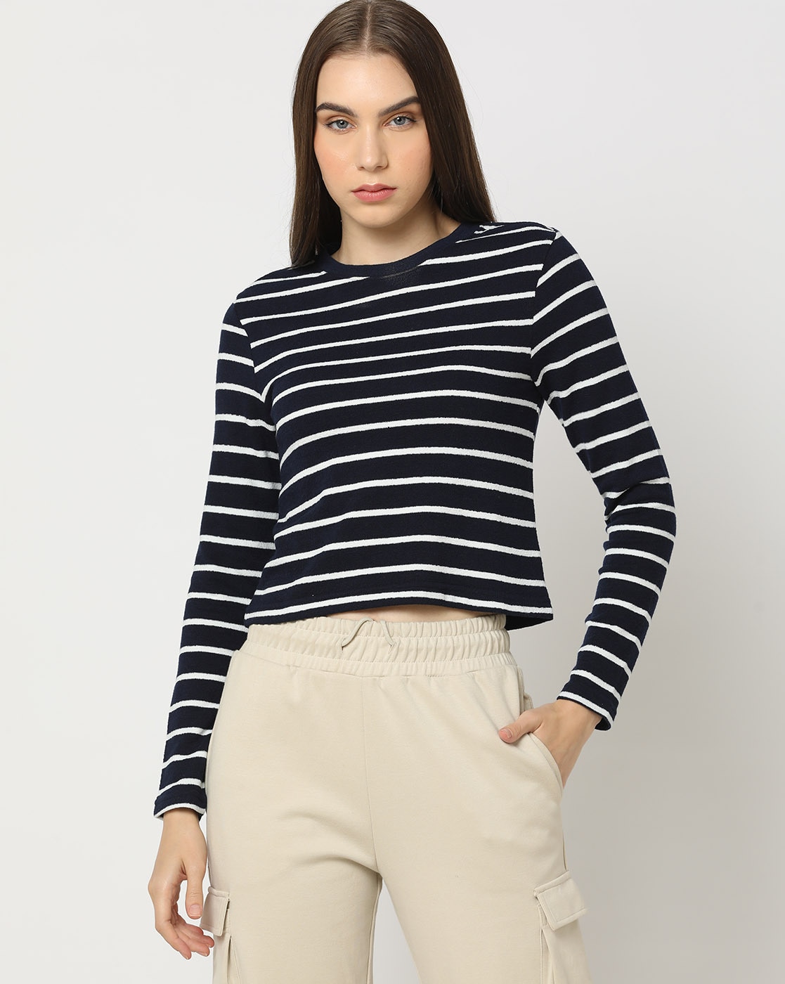 Crew Neck Mini T-shirt Dress - Ivory and Navy Stripe