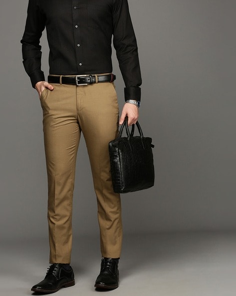 Buy LOUIS PHILIPPE Brown Textured Linen Slim Fit Men's Work Wear Trousers |  Shoppers Stop