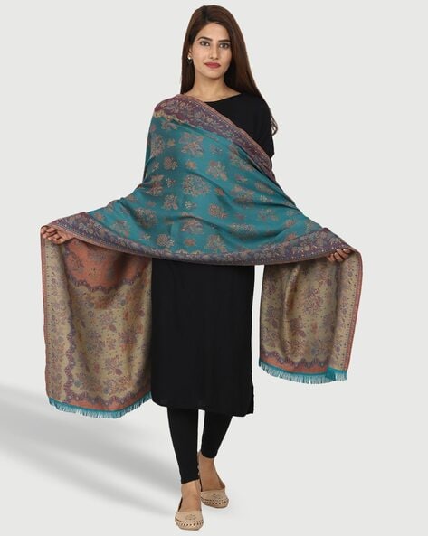 Women Woven Floral Pattern Stole with Tassels Price in India
