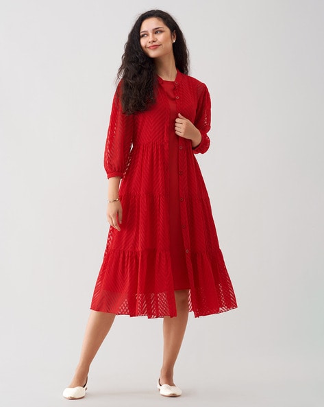 Women Fit & Flare Dress with Puff Sleeves