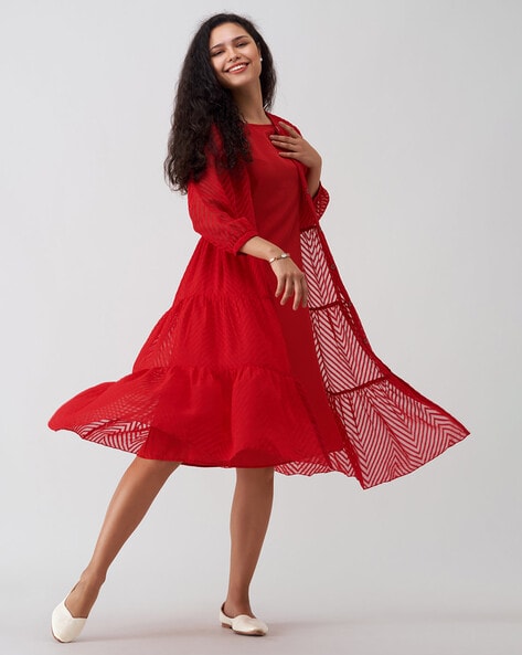 Buy Plus Size Red Striped Fit Flare Dress Online For Women - Amydus