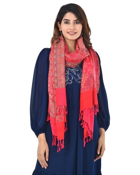 Women Geometric Pattern Stole with Tassels Price in India