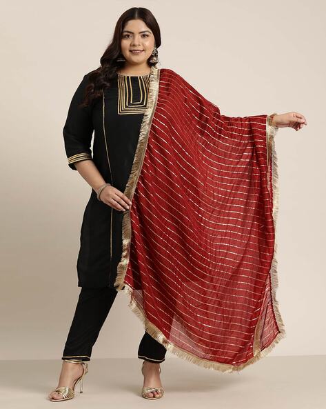 Women Striped Cotton Dupatta with Fringes Price in India