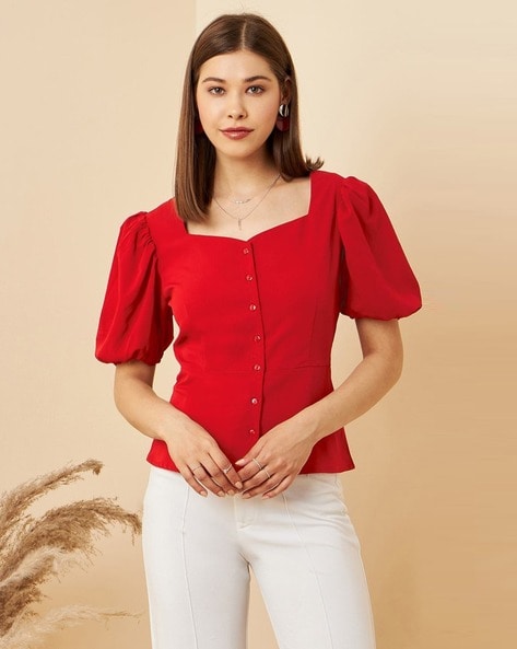 Women Regular Fit Sweetheart-Neck Top with Puffed Sleeves