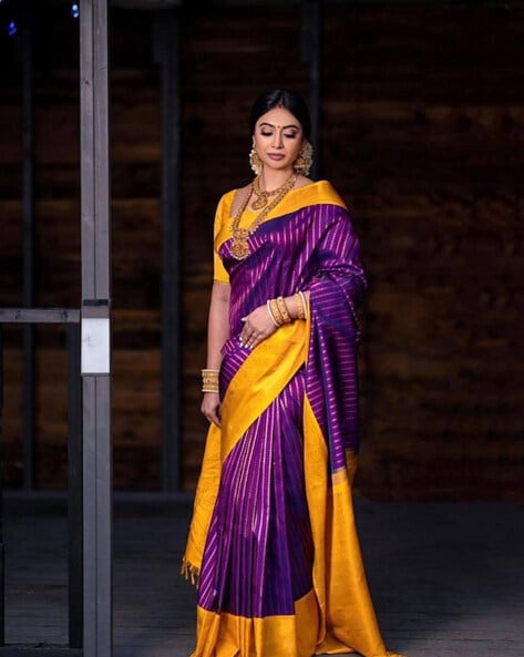 Purple saree with contrast border - G3-WSA54174 | G3fashion.com