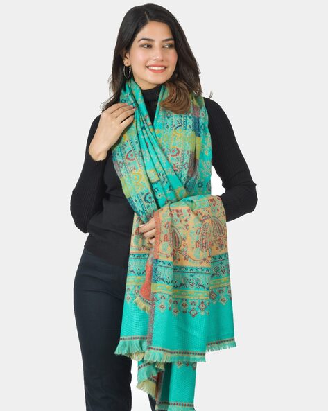 Women Floral Pattern Shawl with Frayed Hem Price in India