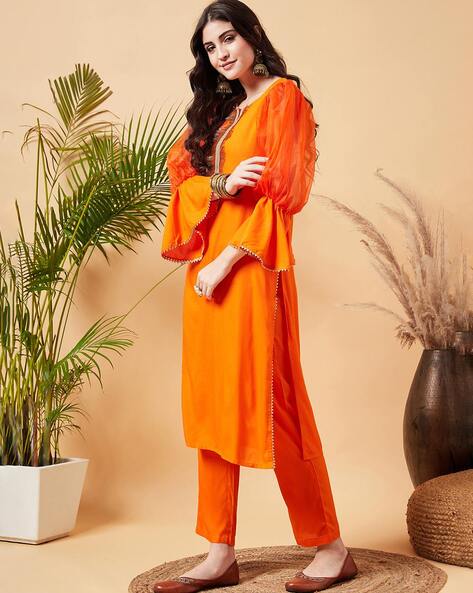 Orange zari lace detailed kurta with pants - set of two by Label Zebaish