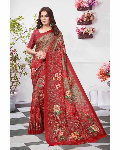 Red Floral Embroidered Designer Saree – Dailybuyys