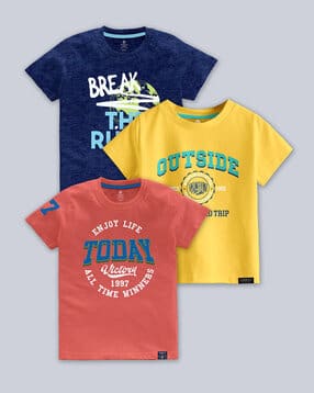 Boys Pack of 3 Regular Fit Typographic Print Crew-Neck T-Shirts-image-37