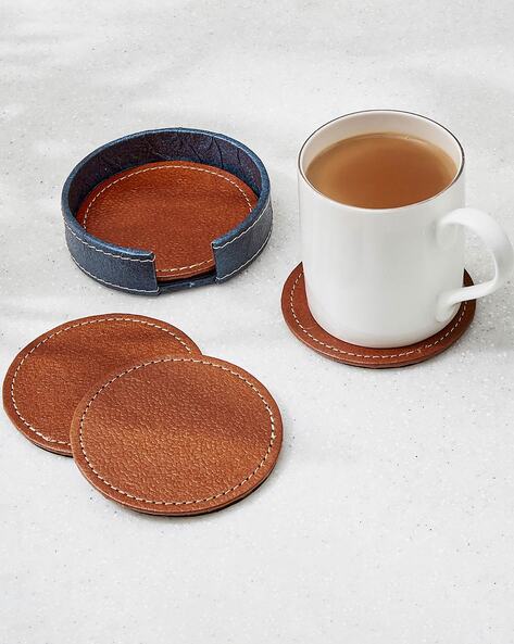 Set of 4 Eco Leatherette Coasters with Holder