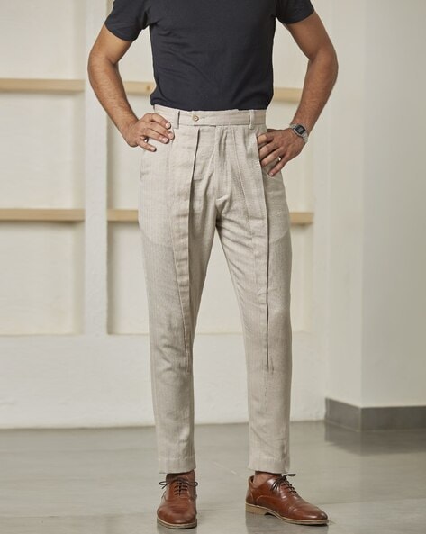Men's Cream Plain Linen Tailored Fit Suit Trousers | Hawes & Curtis