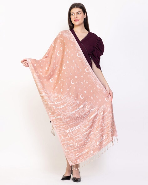Women Typographic Print Stole with Fringes Price in India