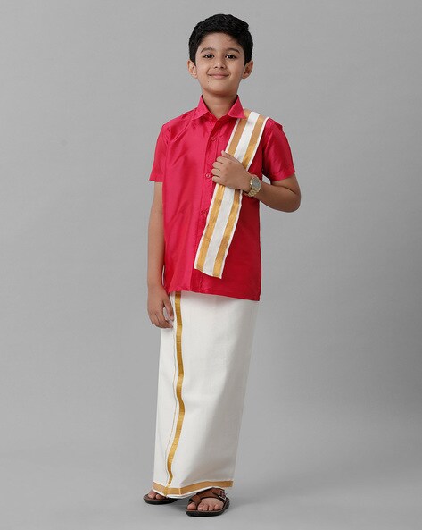 Maroon Cotton store silk Boys Dhoti Kurta