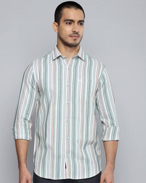 Allen Cooper Men Striped Slim Fit Shirt with Patch Pocket