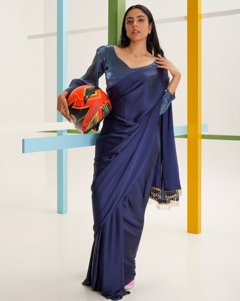 Women Embellished Satin Saree with Stitched Blouse