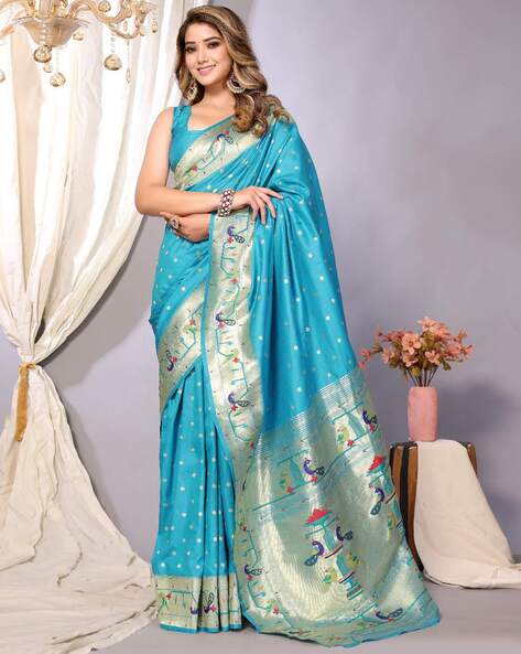 Peacock Blue Rich Silk Saree with self bhutti blouse Silk - Pramo Clothing