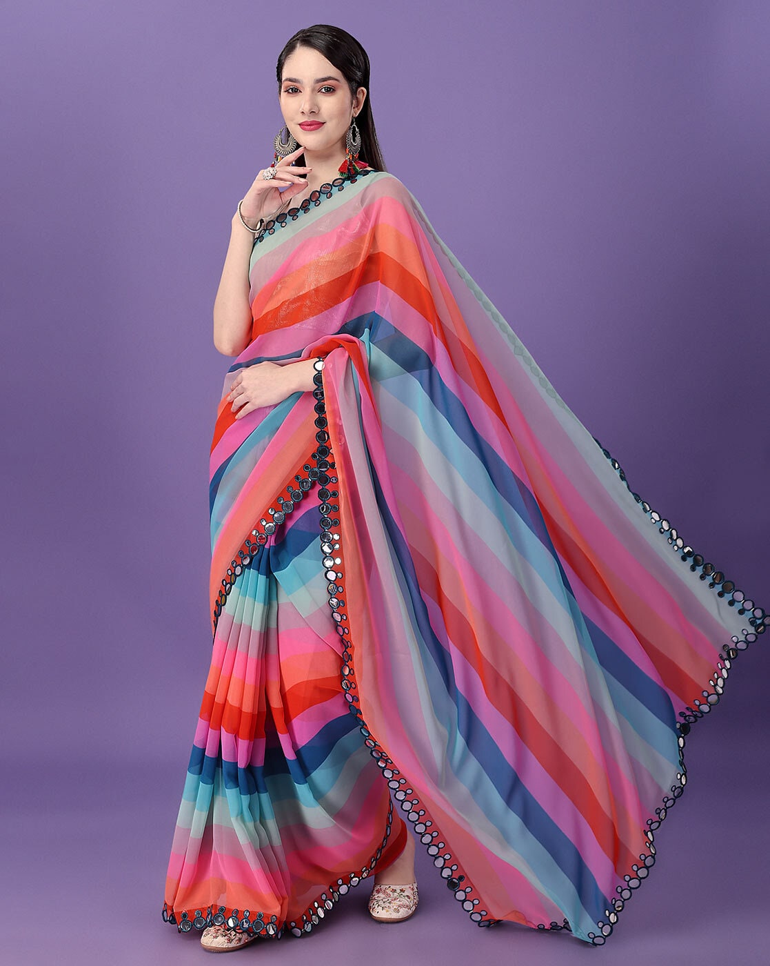 Georgette Mirror Work border Saree