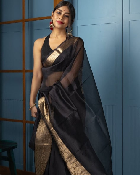 Black Bandhej Print Saree With Golden Border With Swarovski And Patra Work  - House of Surya