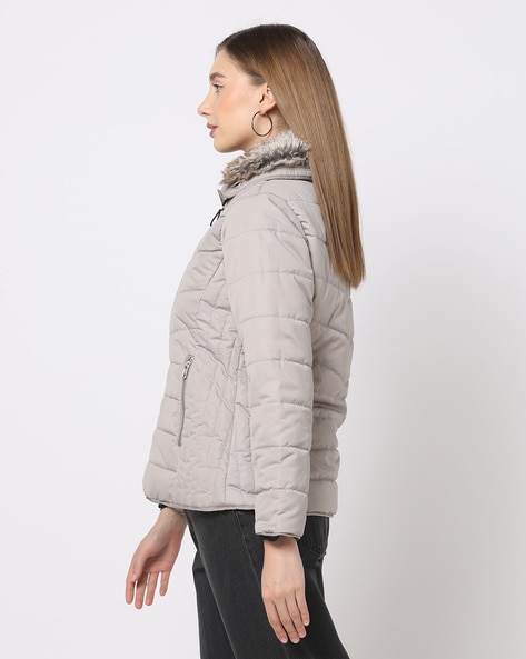 Pale grey faux fur cheap trim hooded puffer jacket