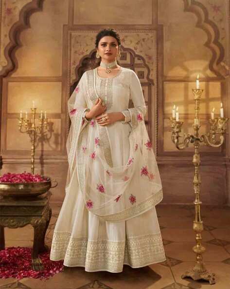 Designer Cotton Machine Work Off-White Semi Stitched Long Anarkali Sui –  Lady India