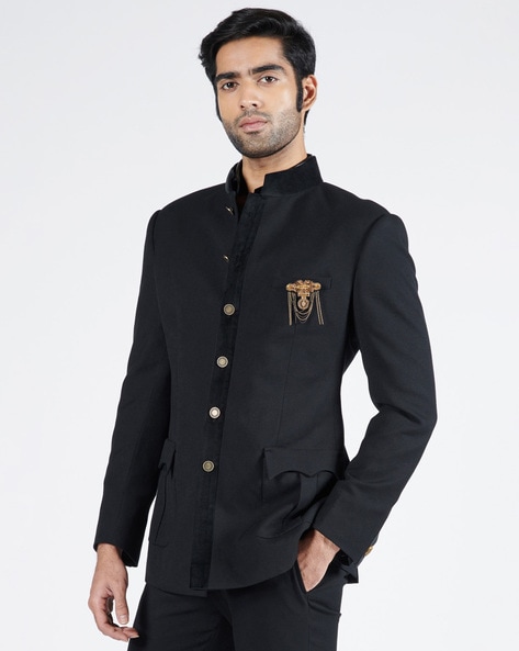 Black Men's Woven Bandhgala Jodhpuri Suit 897MW12