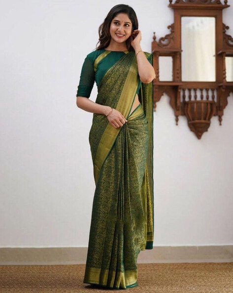 Pure Kanchipuram Dark Green Soft Silk Saree | MozaicQ