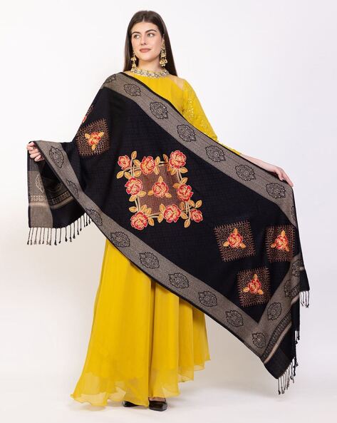 Women Floral Embroidered Stole with Fringes Price in India