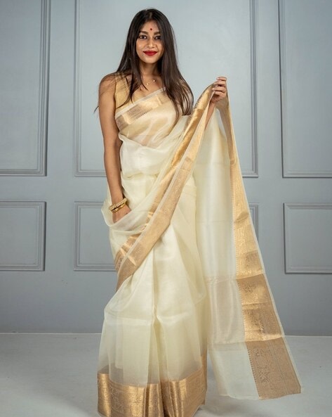 Off white Kosa silk saree with zari – For Sarees