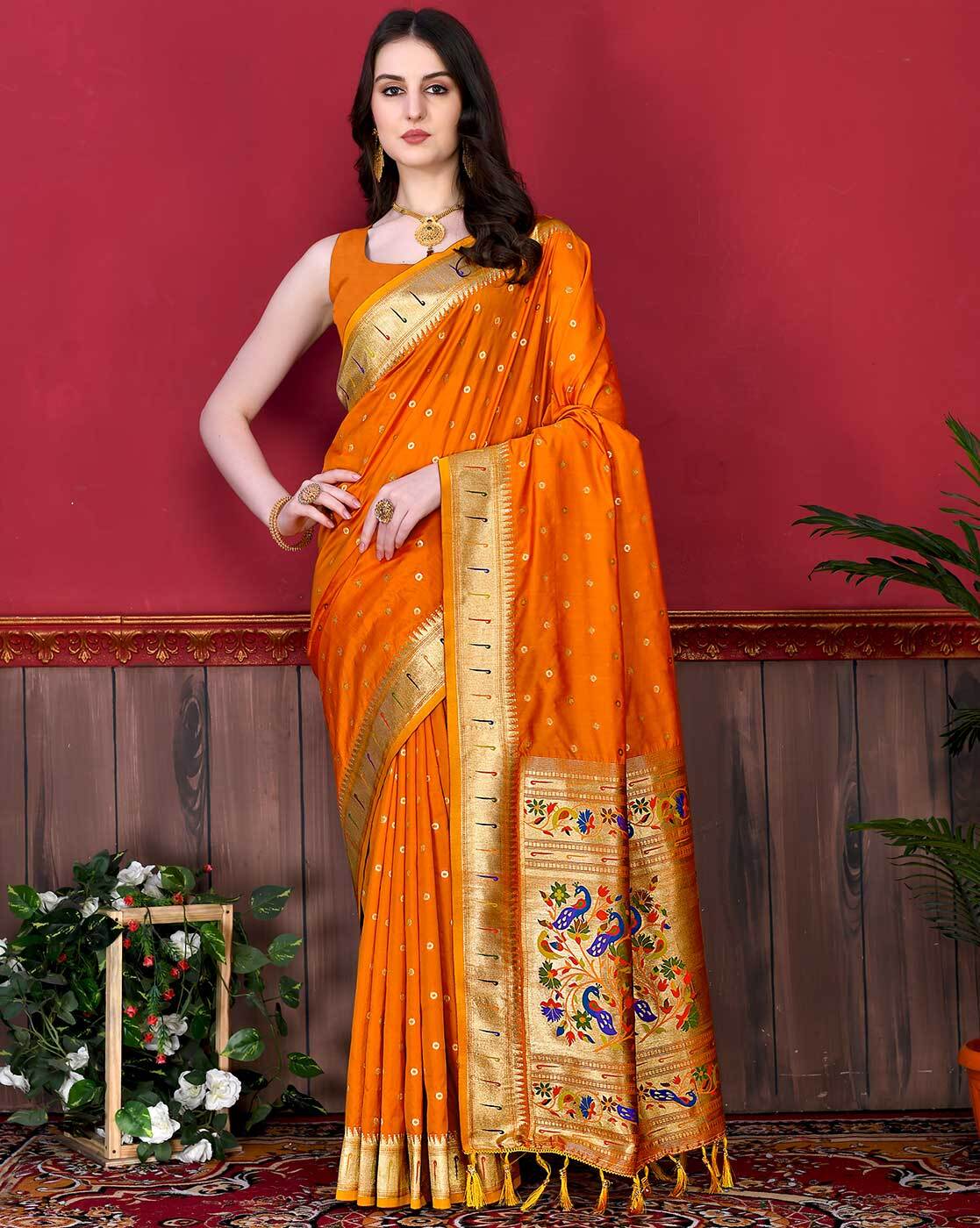 Persian Orange Soft Brasso Silk Saree With Yellow Blouse – RawaazFashion