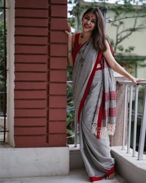 Grey Khadi cotton Handloom Saree with Red Border