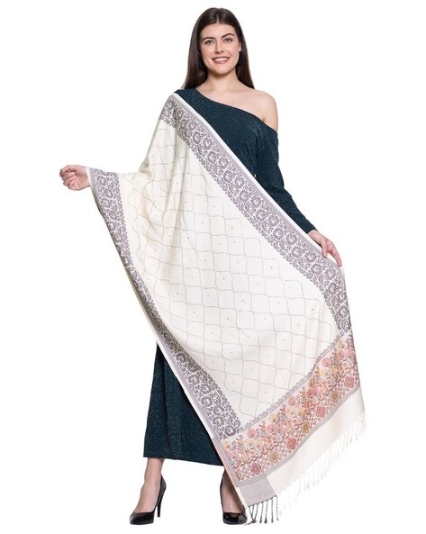 Women Floral Woven Stole with Fringes Price in India