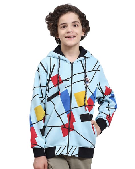 Boys Geometric Print Zip-Front Regular Fit Hoodie