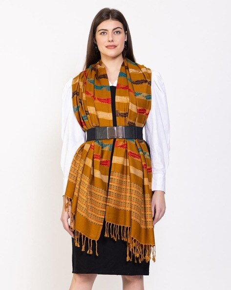 Women Leaf Woven Stole with Fringes Price in India