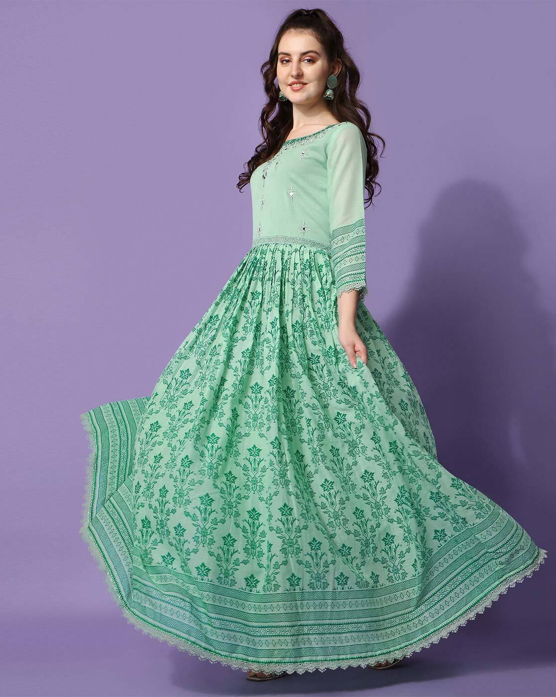 Buy Sea Green Embroidered Indowestern Dress And Cape In Georgette