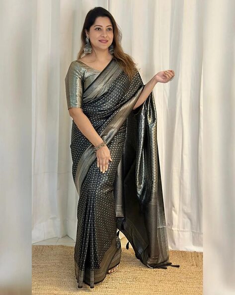 Buy Women Black And Silver Sequin Embroidered Pre-Stitched Saree Set With Black  Blouse - Black Beauty - Indya