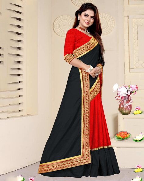 Traditional Red and Black Combination Beautiful Mulmul Saree