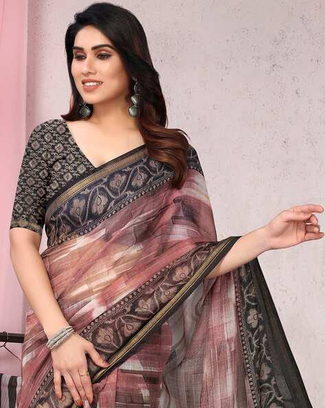 Vishal Prints Red Pink Chiffon Saree With Foil Print And Jari Border