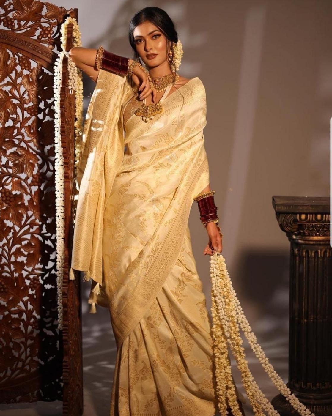Golden Yellow Designer Dola Silk Saree With Contrast Blouse | Kolour