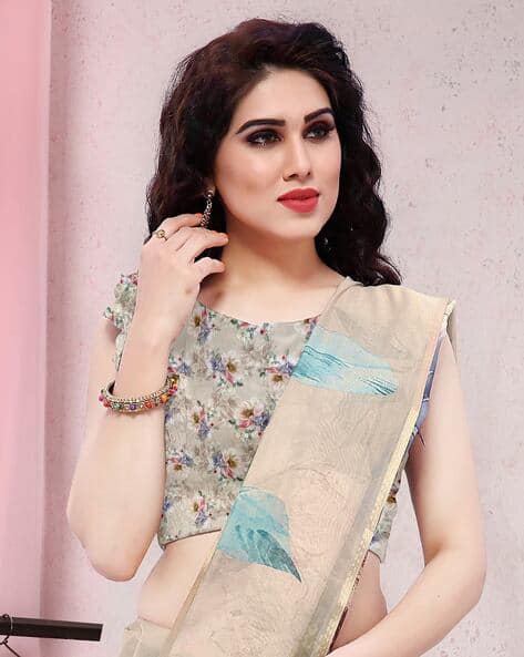 MIRCHI FASHION Beige Organza Floral Print Border Saree Traditional Saree